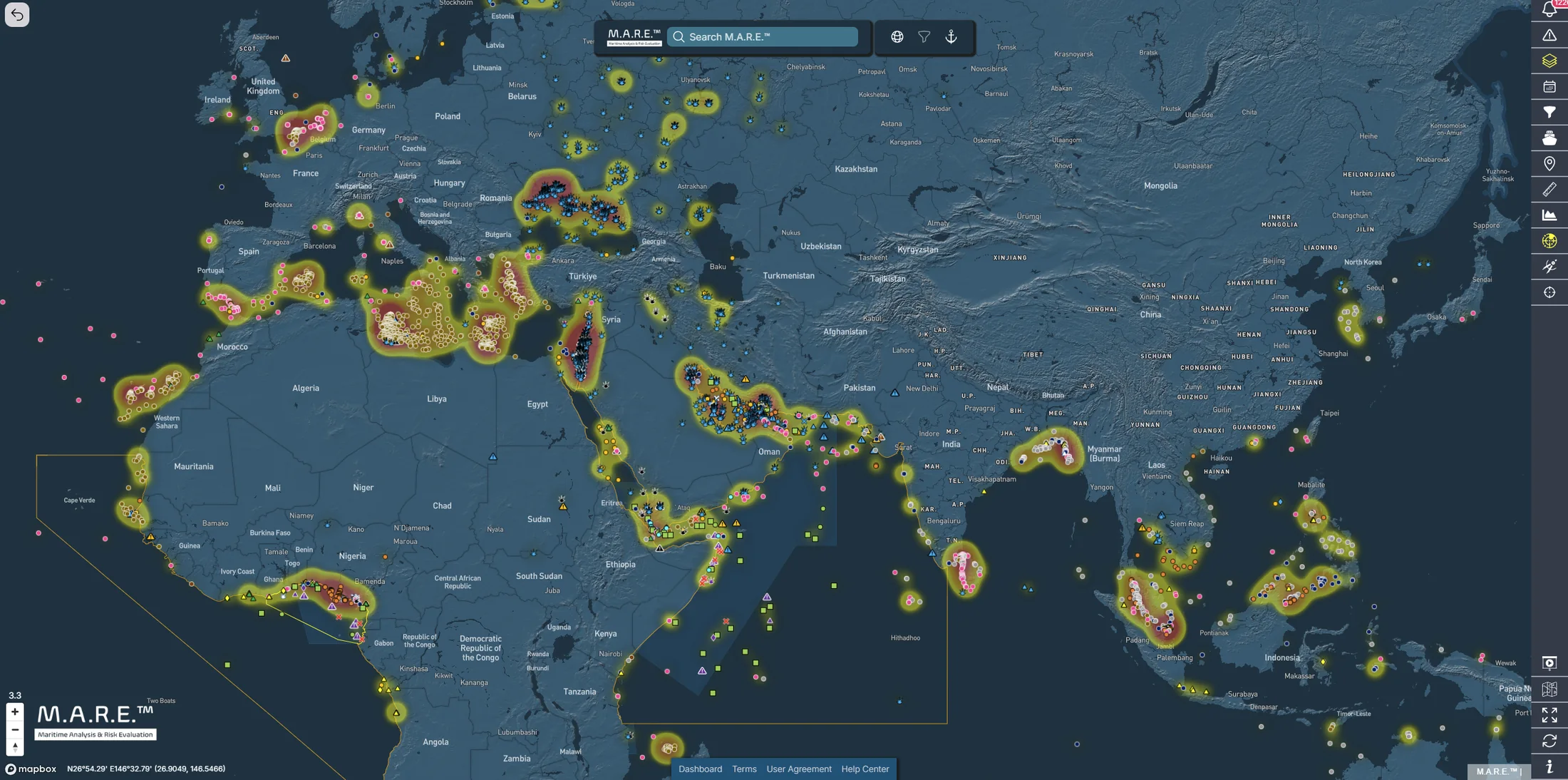Live M.A.R.E. platform view showing global vessel activity and maritime security intelligence